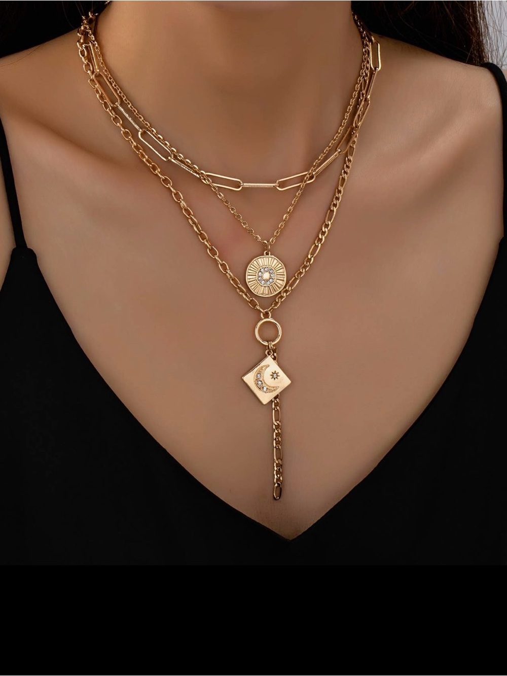 Layered Gold Sun & Moon Pendant Necklace for Women